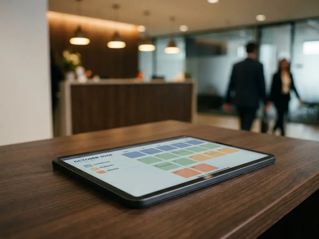 Tablet met digitale verlofaanvraagkalender met kleurgecodeerde goedkeuringsstatussen op een bureau in een hotelkantoor.