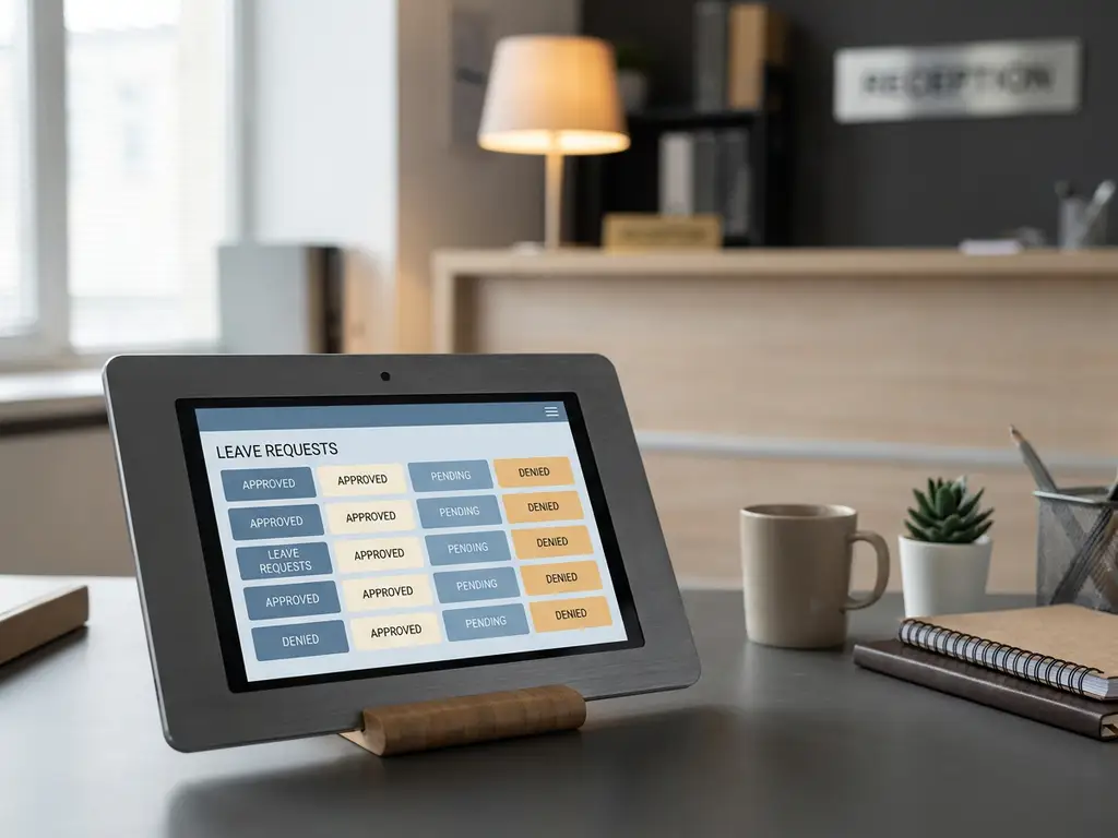 Tablet met kleurgecodeerd digitaal verlofrooster op een bureau, met een hotelreceptie op de achtergrond.