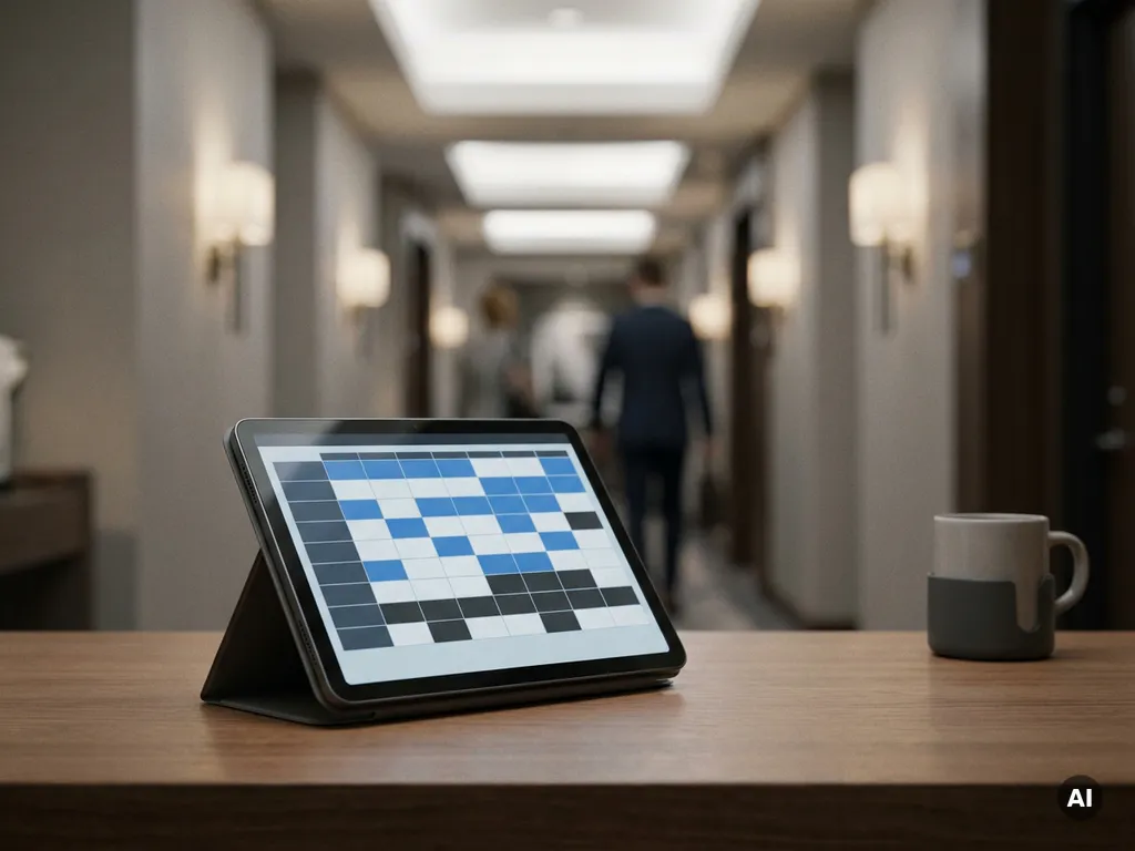 Tablet met kleurgecodeerd digitaal dienstroooster op bureau in hotelbackoffice, receptiegang zichtbaar op achtergrond.