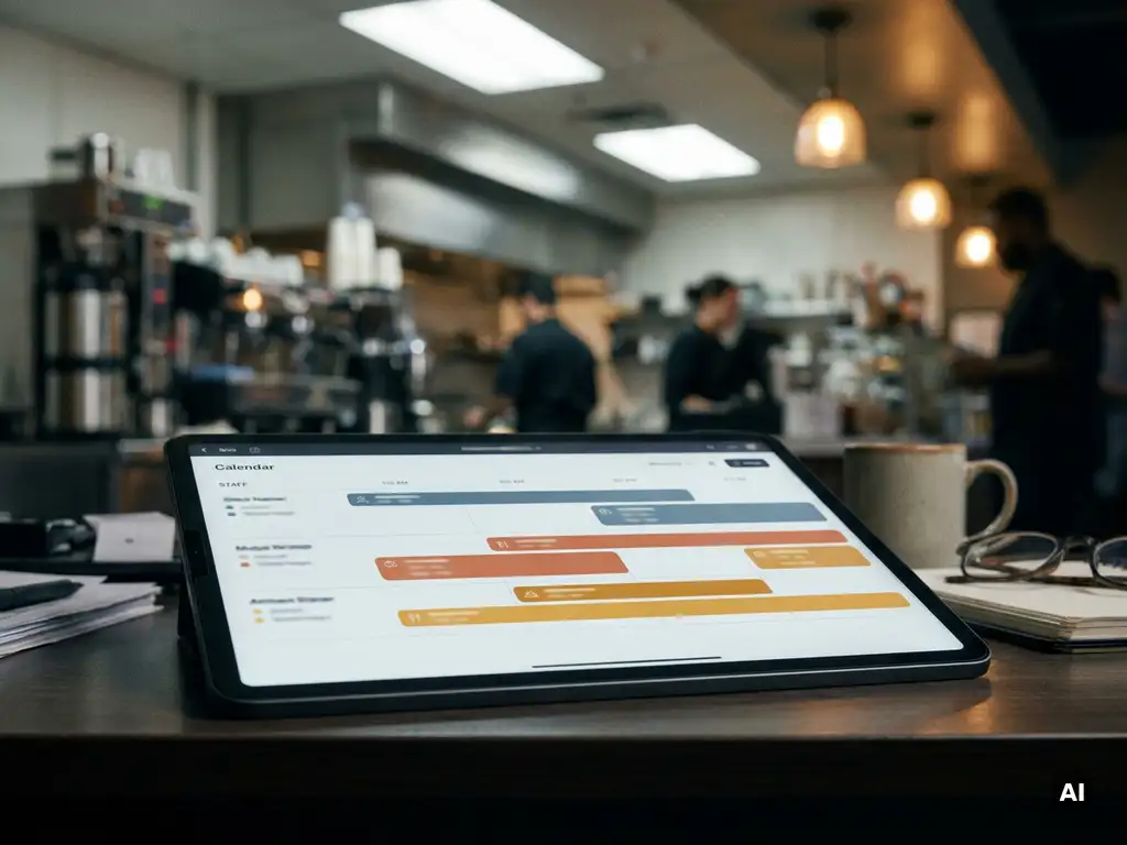 Tablet met kleurgecodeerd digitaal dienstroooster op donker bureau, met wazig restaurantinterieur op achtergrond.