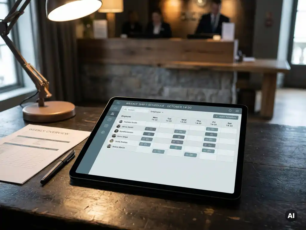 Tablet met digitaal dienstroooster op donker houten bureau, met wazig hotelreceptie op de achtergrond en pen en weekoverzicht ernaast.