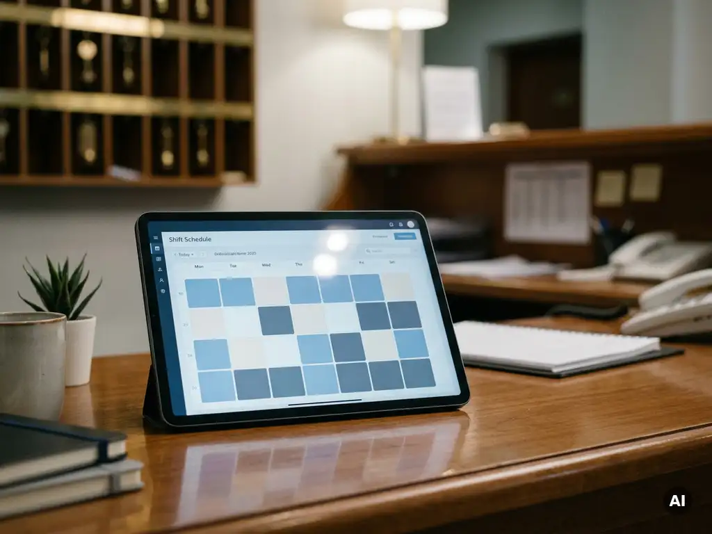 Tablet met kleurgecodeerd digitaal dienstrooster op hotelkantoorbureau, met onscherpe receptie op de achtergrond.