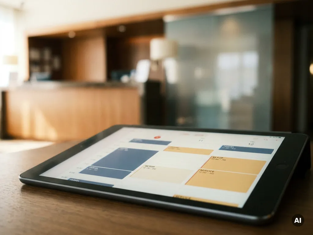 Tablet met kleurgecodeerd digitaal dienstroooster op een kantoorbureau, met een vage hotelreceptie op de achtergrond.