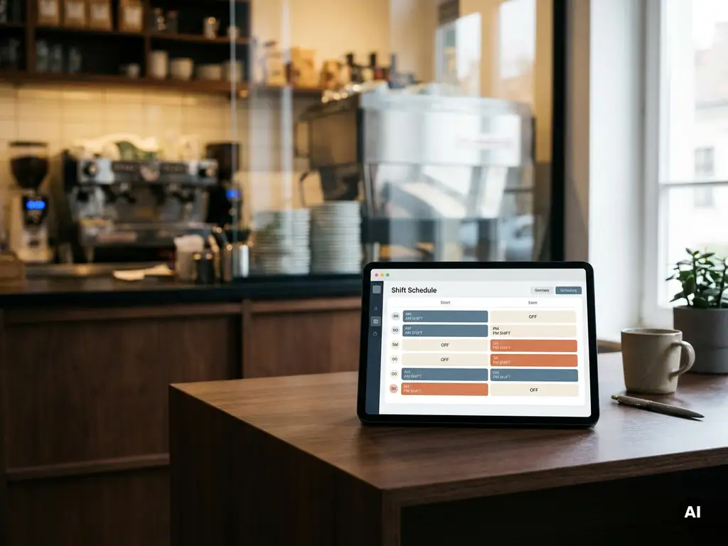 Tablet met kleurgecodeerd digitaal dienstroooster op bureautafel, met onscherpe restaurantbalie op de achtergrond.