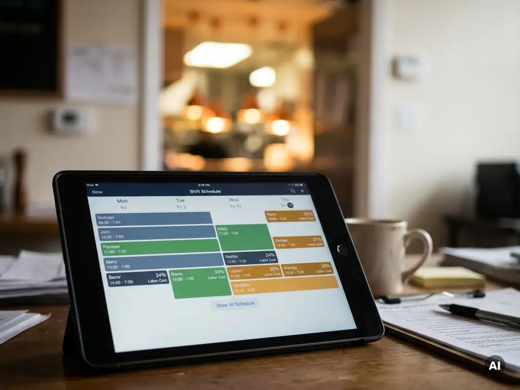 Tablet met kleurgecodeerd digitaal dienstroosters en loonkostenpercentages op een restaurantbureau, warme keukenverlichting op de achtergrond.