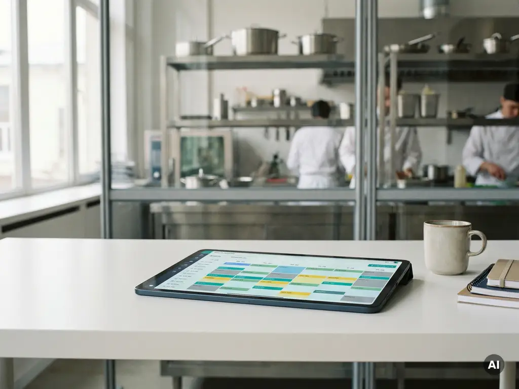 Tablet met kleurgecodeerd digitaal dienstrooster op een bureaublad, met een hotelkeuken op de achtergrond.