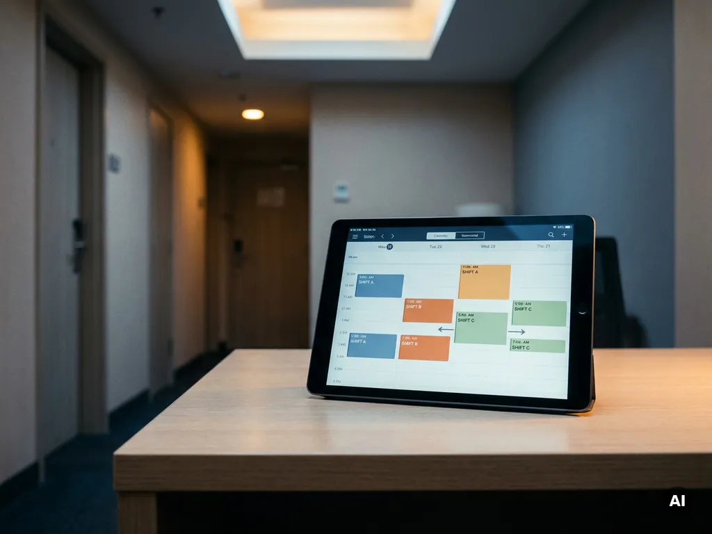 Tablet met kleurgecodeerd digitaal dienstroooster op een kantoorbureau, met een onscherpe hotelgang op de achtergrond.