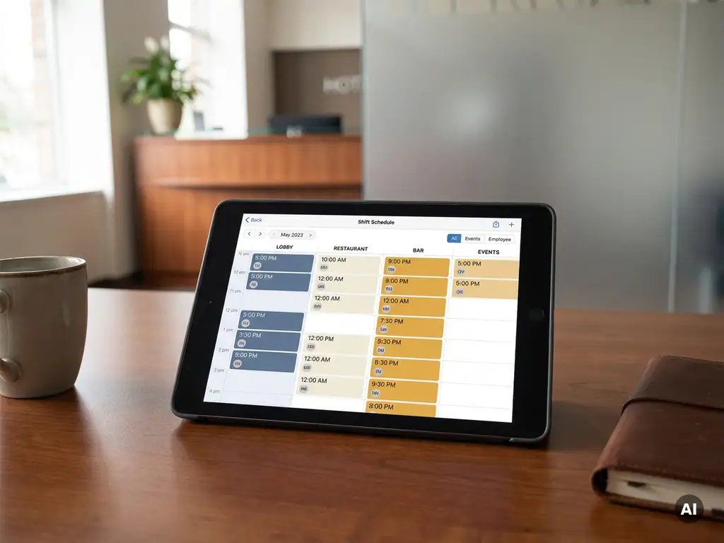 Tablet met kleurgecodeerd digitaal dienstrooster voor meerdere locaties op een backoffice bureau, met hotelreceptie op de achtergrond.