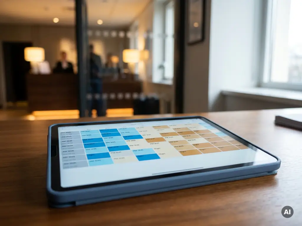 Tablet met kleurgecodeerd digitaal dienstroooster op een hotelkantoorbureau, met onscherpe receptie op de achtergrond.