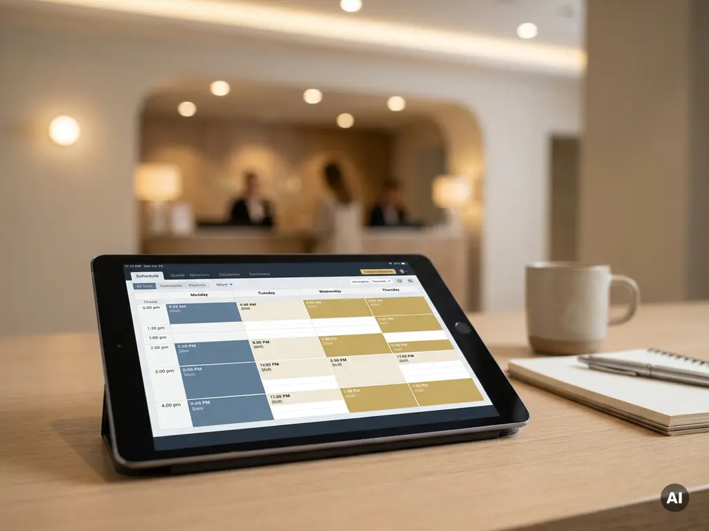 Tablet met kleurgecodeerd digitaal dienstroosters op een backoffice bureau, hotelreceptie zichtbaar op de achtergrond.