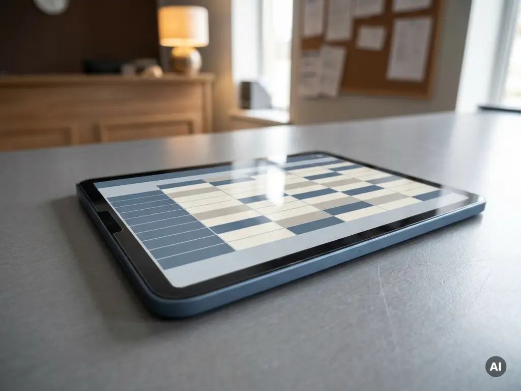 Tablet met kleurgecodeerd digitaal dienstroooster op hotelkantoorbureau, receptie en personeelsbord zichtbaar op achtergrond.