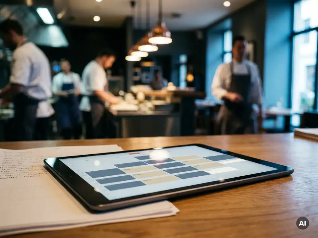 Tablet met kleurgecodeerd digitaal dienstroooster op kantoorbureau, gastenrapportages eronder, restaurantomgeving op de achtergrond.
