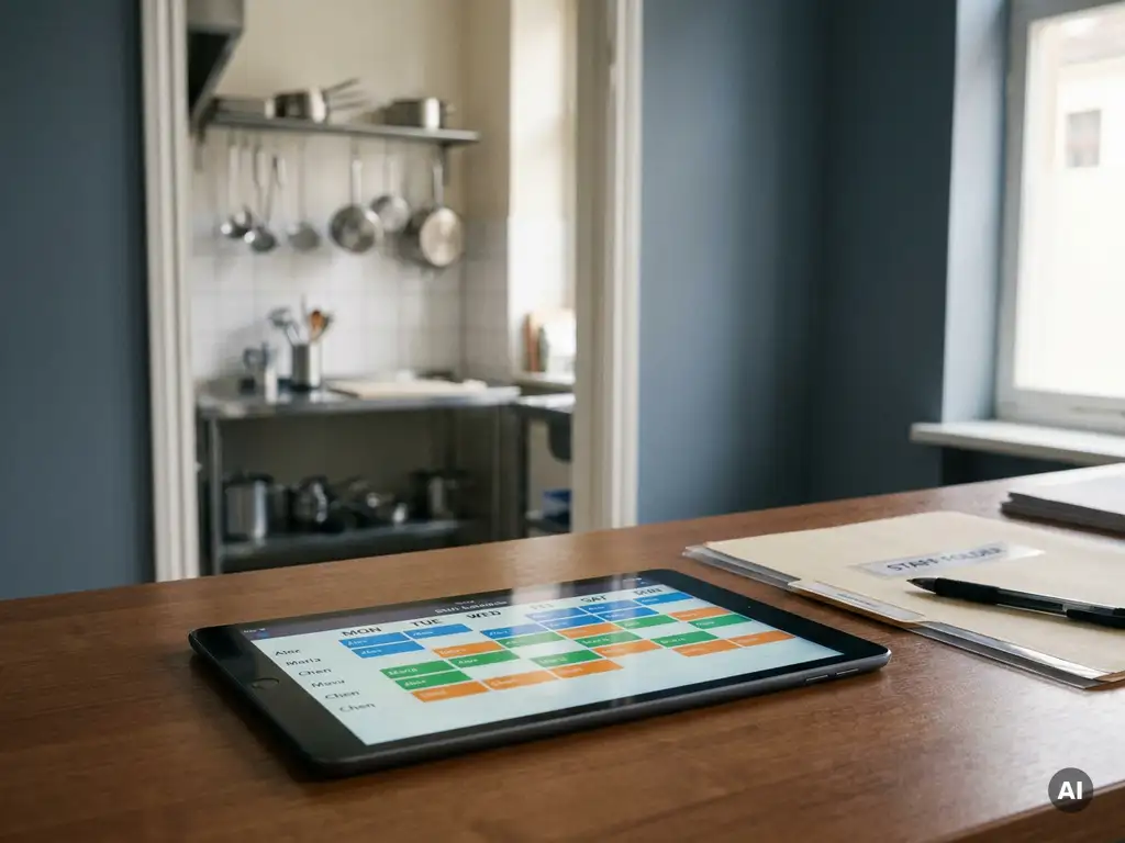 Tablet met kleurgecodeerd digitaal dienstroooster op kantoorvlak, met restaurantkeuken en personeelsmap op de achtergrond.