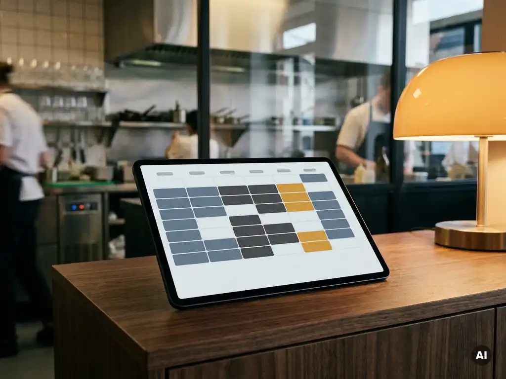 Tablet met kleurgecodeerd digitaal dienstroooster op donker houten bureau, met wazig restaurantinterieur op de achtergrond.
