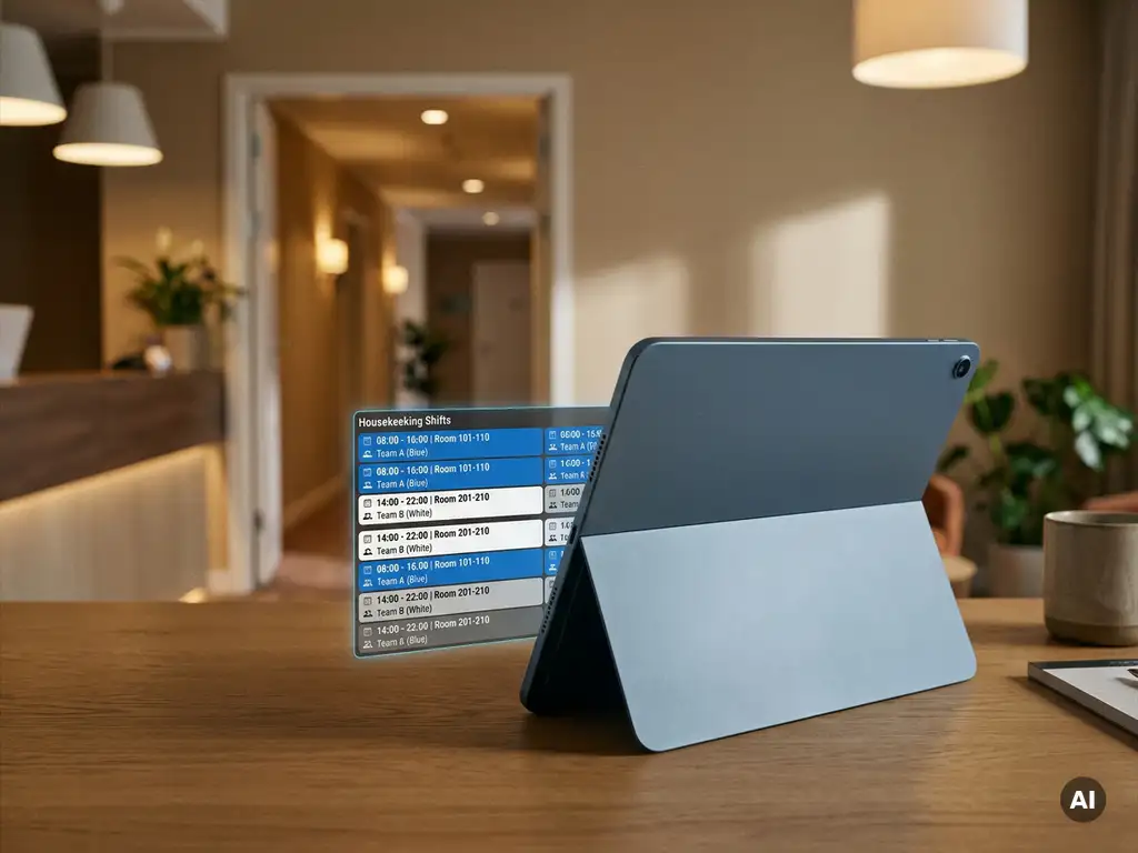 Tablet met kleurgecodeerd digitaal rooster voor housekeeping-diensten op een hotelbureau, met vage receptiegang op de achtergrond.