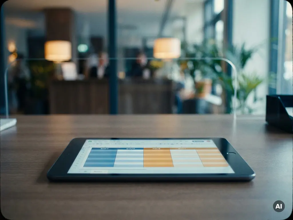 Tablet met kleurgecodeerd digitaal dienstrooster op een bureautje, met een onscherpe hotelreceptie op de achtergrond.