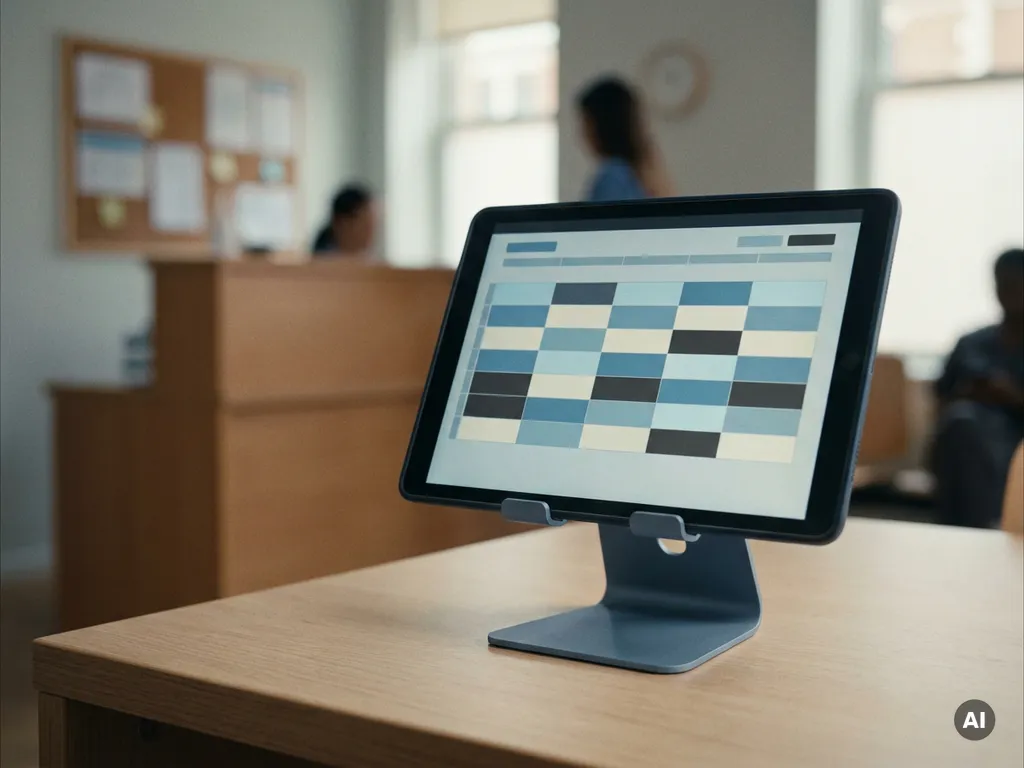 Tablet met kleurgecodeerd digitaal rooster op bureautafel, met hotelreceptie zichtbaar op de achtergrond.