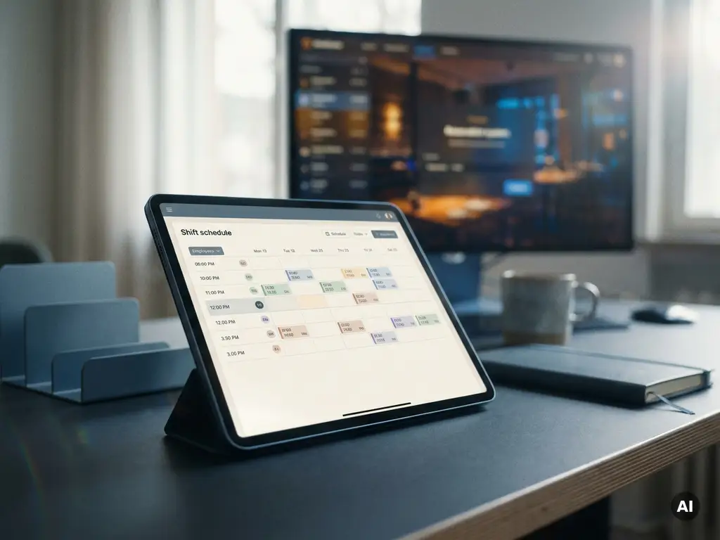 Tablet met digitaal dienstroster op een kantaartafel, met een restaurantreserveringssysteem op de achtergrond.
