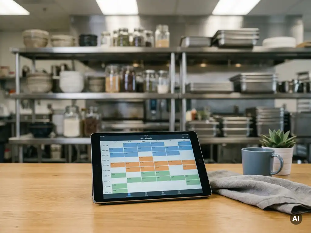 Tablet met kleurgecodeerd digitaal dienstroooster op bureaublad in cateringkeuken, met rvs oppervlakken op de achtergrond.