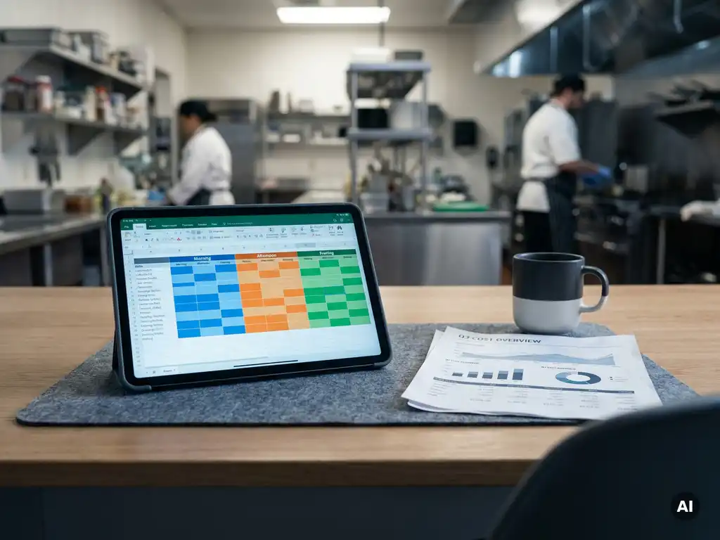 Tablet met digitaal kleurgecodeerd dienstroooster op bureaublad naast uitgeprinte kostenrapportage en koffiekop, cateringkeuken op achtergrond.