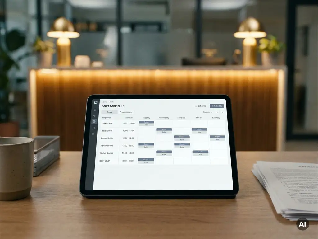Tablet met digitaal dienstroooster op hotelkantoor, met onscherpe receptiebalie en warme sfeerverlichting op de achtergrond.